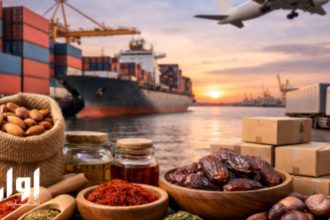 تصویر مفهومی صادرات غذا؛ ترکیب محصولات غذایی صادراتی با کانتینر و حمل‌ونقل دریایی/هوایی برای نمایش فصل خرید، قیمت و قراردادهای B2B اوان تجارت.