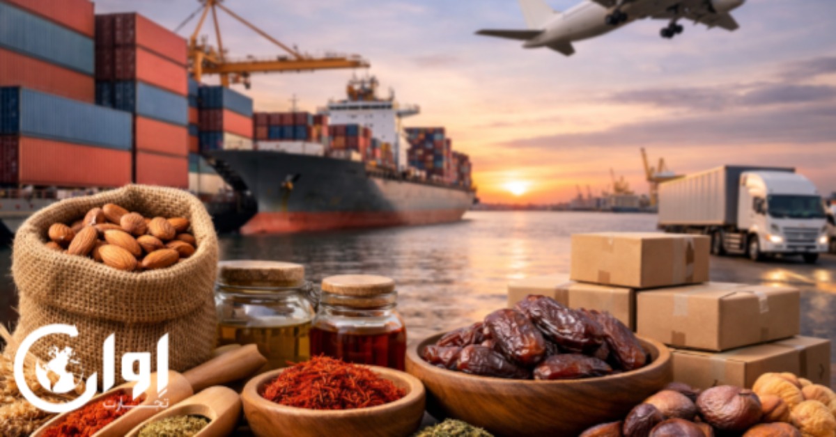 تصویر مفهومی صادرات غذا؛ ترکیب محصولات غذایی صادراتی با کانتینر و حمل‌ونقل دریایی/هوایی برای نمایش فصل خرید، قیمت و قراردادهای B2B اوان تجارت.