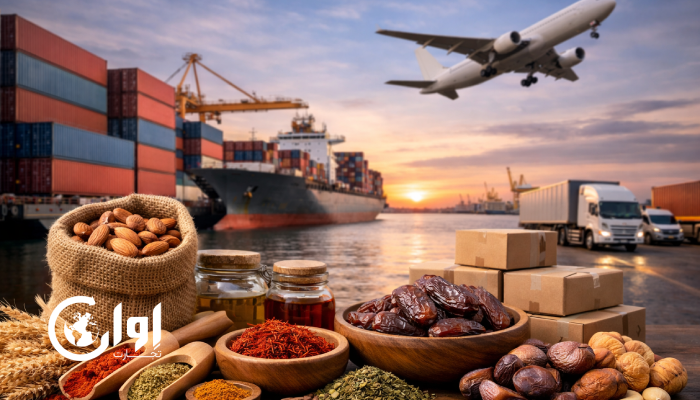 تصویر مفهومی صادرات غذا؛ ترکیب محصولات غذایی صادراتی با کانتینر و حمل‌ونقل دریایی/هوایی برای نمایش فصل خرید، قیمت و قراردادهای B2B اوان تجارت.